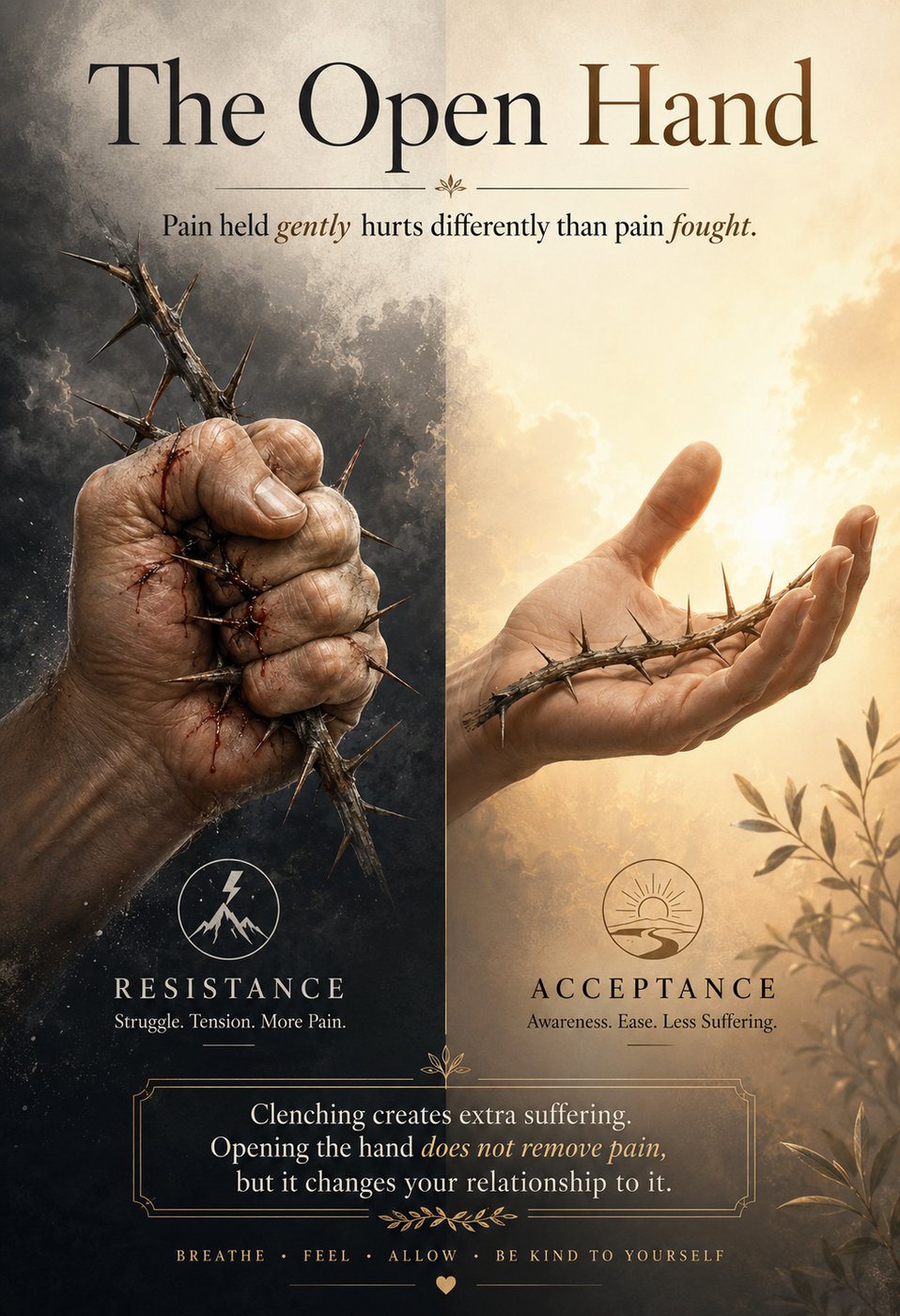 A poster titled 'The Open Hand' showing two hands: one clenched with thorns causing pain, labeled 'Resistance', and one open with thorns, labeled 'Acceptance'. Text explains that pain held gently hurts differently than pain fought.