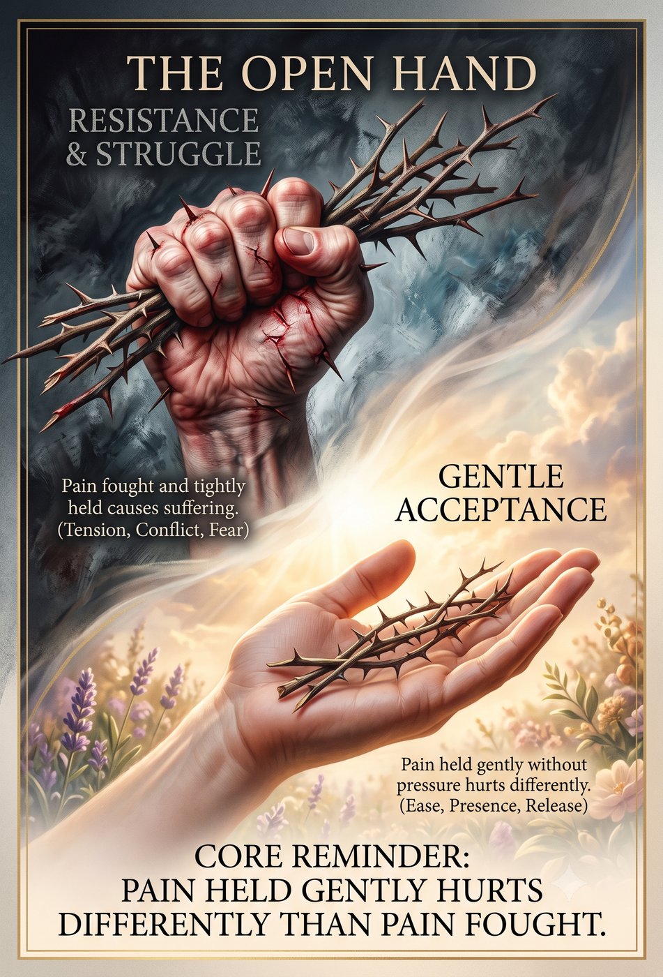 A poster showing two hands: one clenched with thorns labeled 'Resistance & Struggle' and one open with thorns labeled 'Gentle Acceptance'. Text reads: 'Pain fought and tightly held causes suffering. Pain held gently without pressure hurts differently. Core reminder: Pain held gently hurts differently than pain fought.'