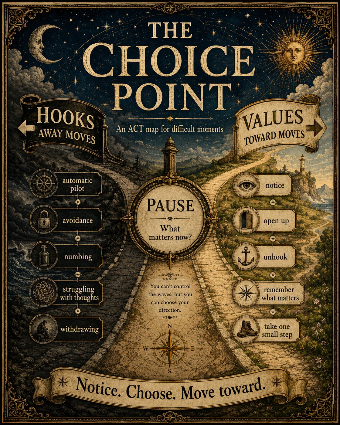 A vintage-style poster titled 'The Choice Point' with a path splitting into 'Hooks Away Moves' and 'Values Toward Moves'. Central compass with 'Pause: What matters now?' and icons representing different actions.