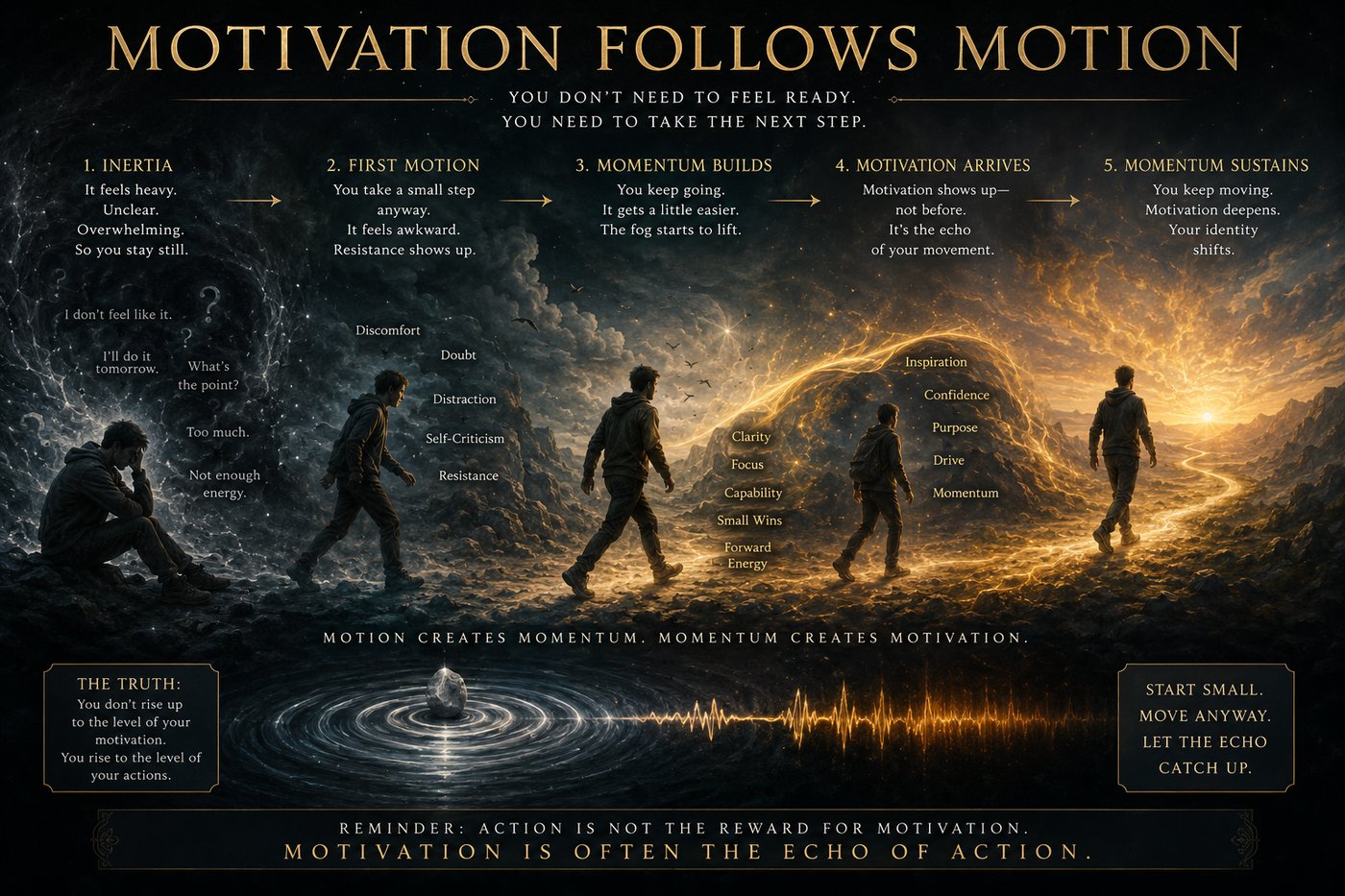 A visual journey from inertia to sustained motivation, with stages: inertia, first motion, momentum builds, motivation arrives, and momentum sustains. Includes motivational quotes.