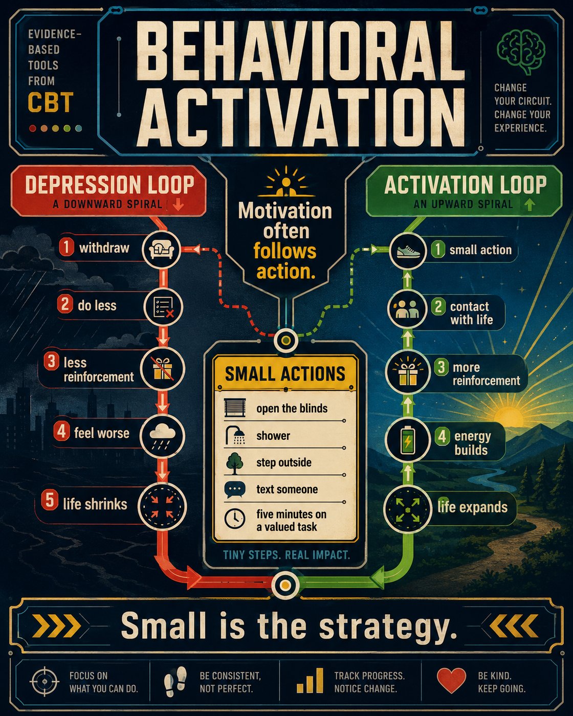 Poster titled 'Behavioral Activation' contrasting depression and activation loops with small actions like opening blinds, showering, and stepping outside.