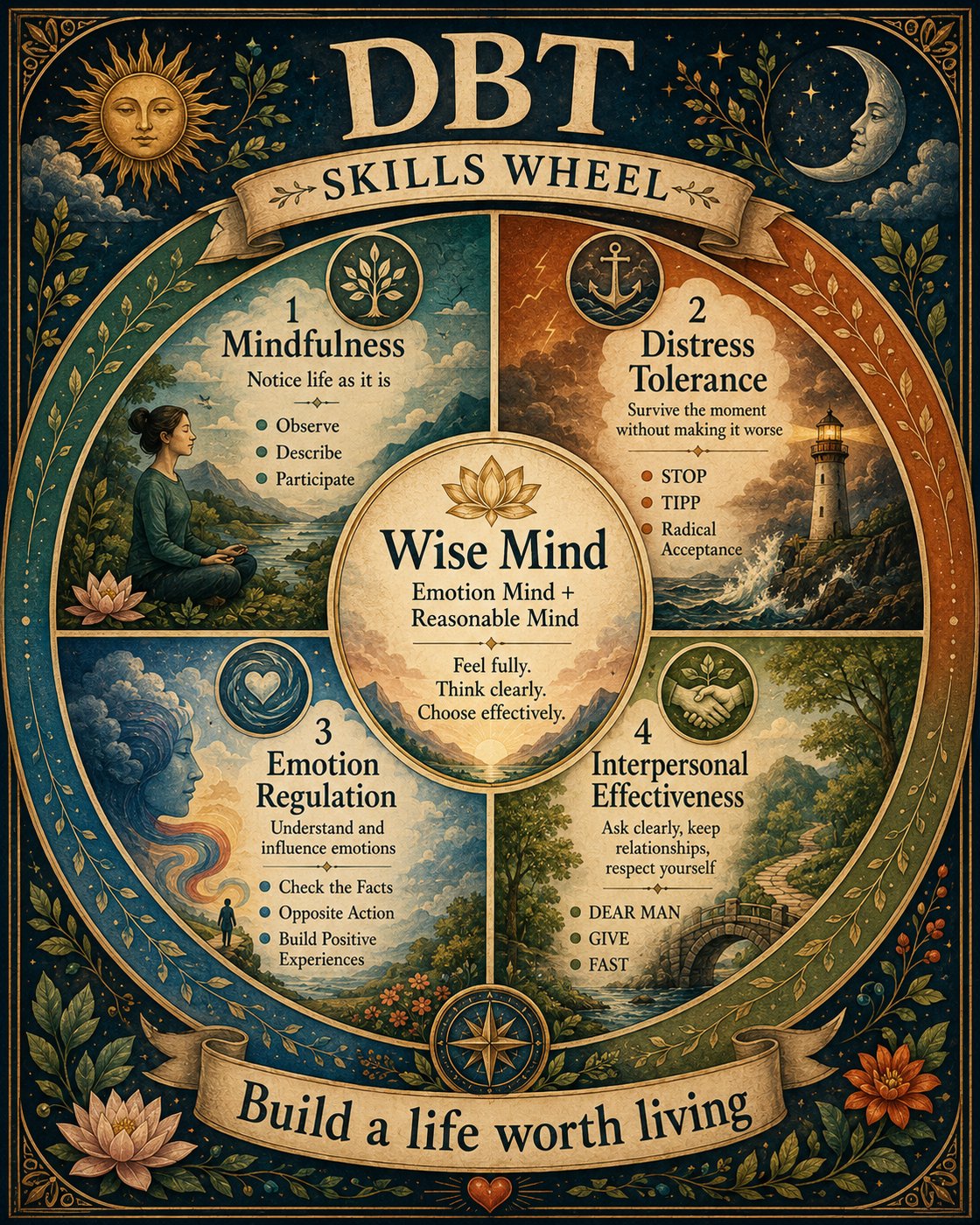 A decorative wheel illustrating DBT skills: Mindfulness, Distress Tolerance, Emotion Regulation, and Interpersonal Effectiveness, with a central 'Wise Mind' section.