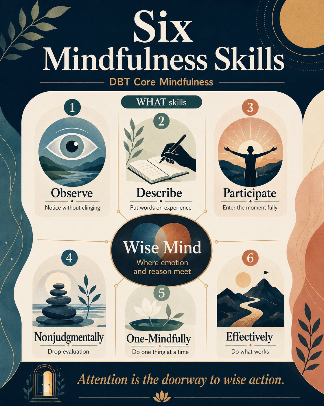 Poster titled 'Six Mindfulness Skills' with six sections: Observe, Describe, Participate, Nonjudgmentally, One-Mindfully, Effectively. Central circle labeled 'Wise Mind'.