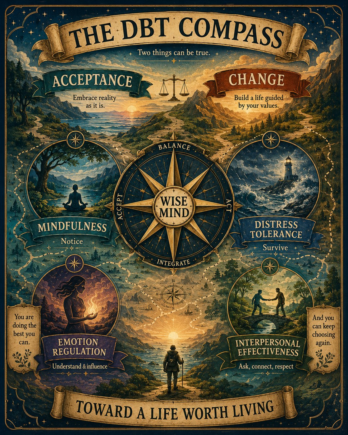 A detailed illustration titled 'The DBT Compass' featuring a compass labeled 'Wise Mind' at the center, surrounded by sections on Acceptance, Change, Mindfulness, Distress Tolerance, Emotion Regulation, and Interpersonal Effectiveness. Each section has related imagery and text.