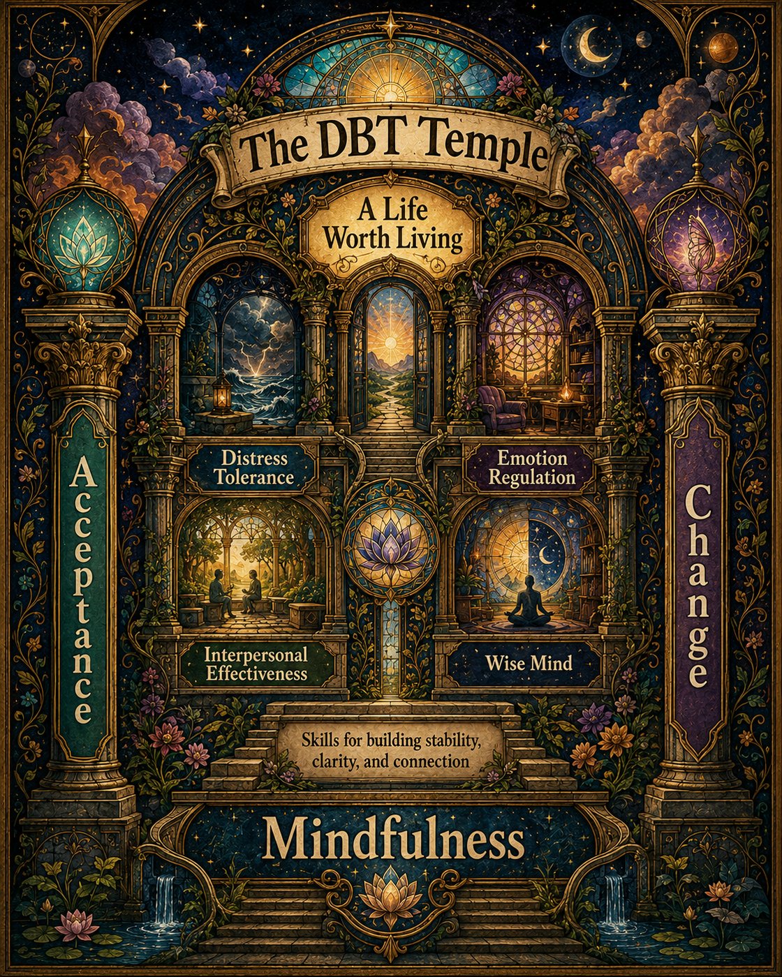An ornate poster titled 'The DBT Temple' with sections on Distress Tolerance, Emotion Regulation, Interpersonal Effectiveness, Wise Mind, and Mindfulness, framed by themes of Acceptance and Change.