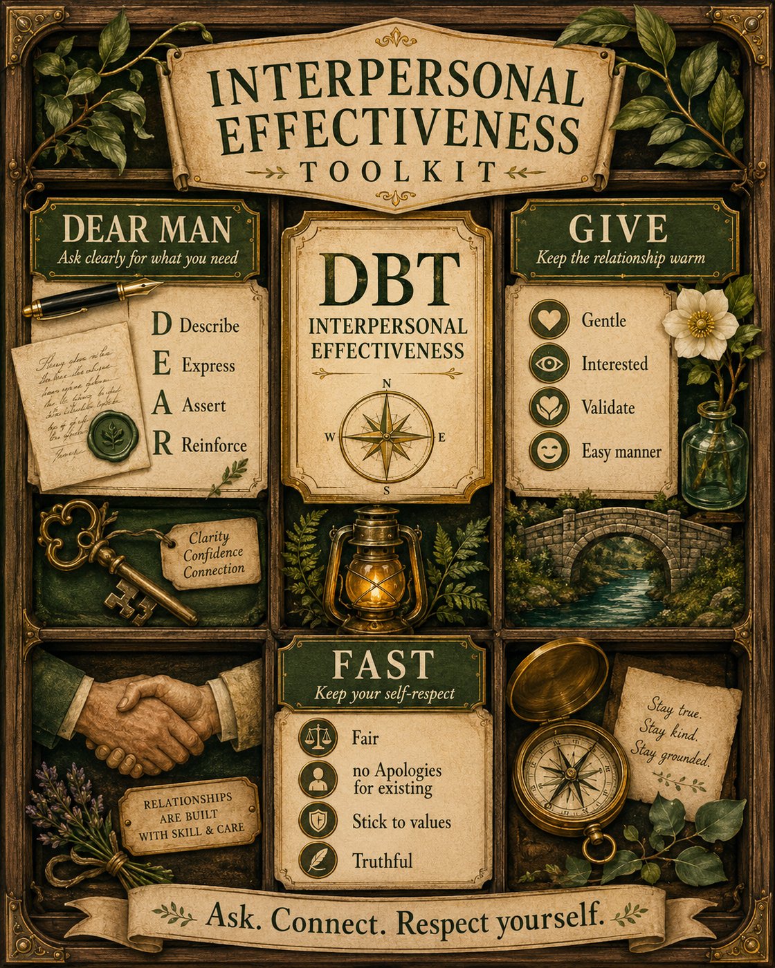 Poster titled 'Interpersonal Effectiveness Toolkit' featuring DBT skills: DEAR MAN, GIVE, and FAST, with decorative elements like a compass, lantern, and handshake.