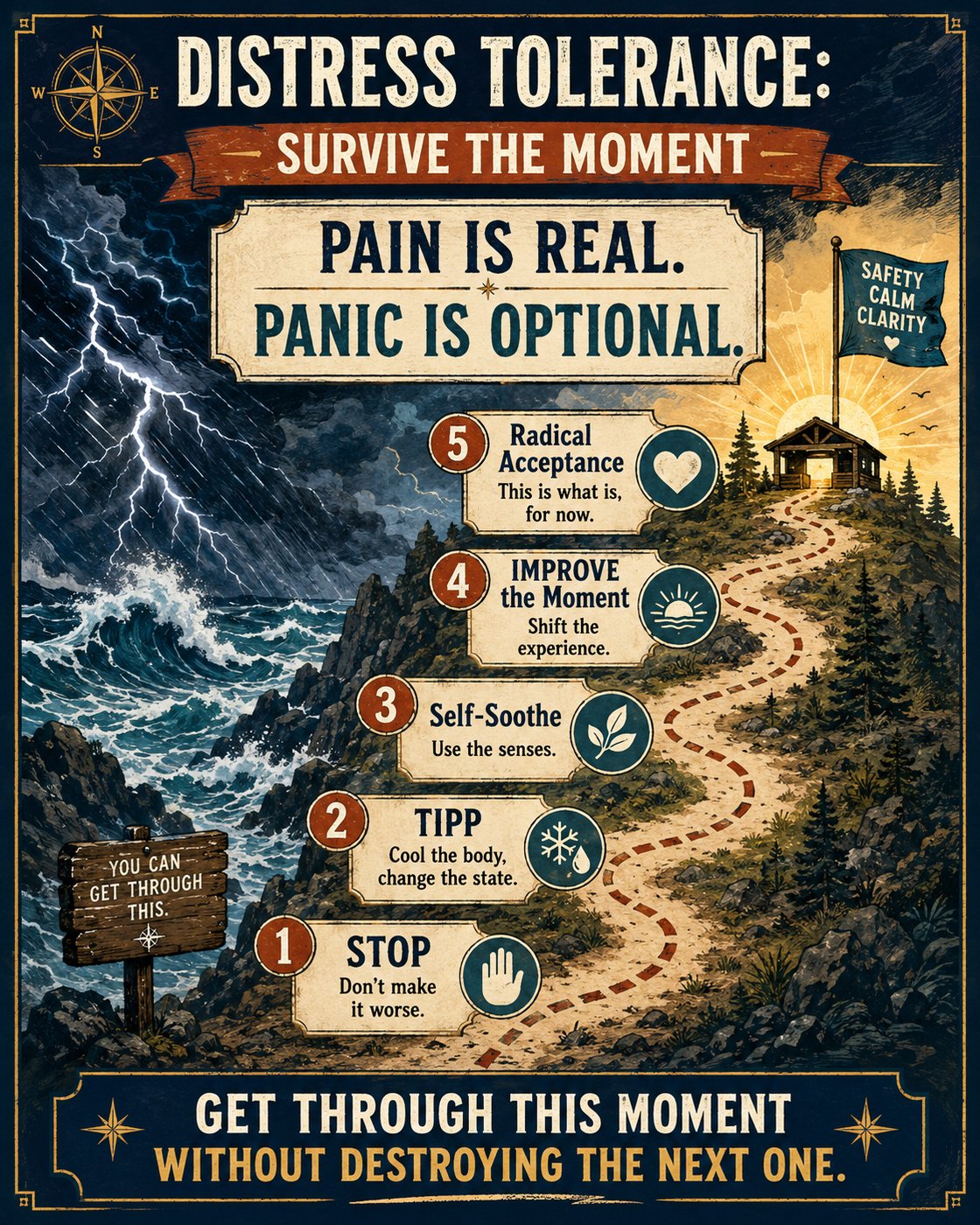 A poster titled 'Distress Tolerance: Survive the Moment' with a path leading to a cabin labeled 'Safety Calm Clarity'. Steps include: 1. STOP, 2. TIPP, 3. Self-Soothe, 4. Improve the Moment, 5. Radical Acceptance. A stormy sea is depicted on the left.