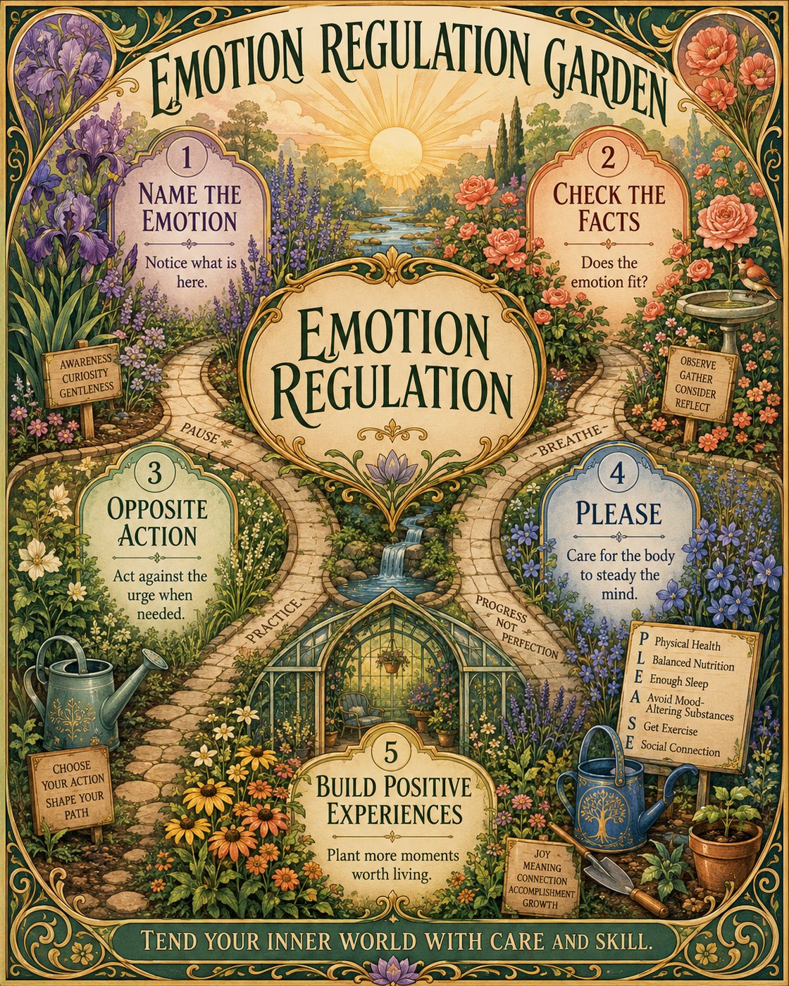 A garden-themed poster titled 'Emotion Regulation Garden' with steps: 1. Name the Emotion, 2. Check the Facts, 3. Opposite Action, 4. Please, 5. Build Positive Experiences. Each step is illustrated with garden imagery and text about emotional awareness and regulation.