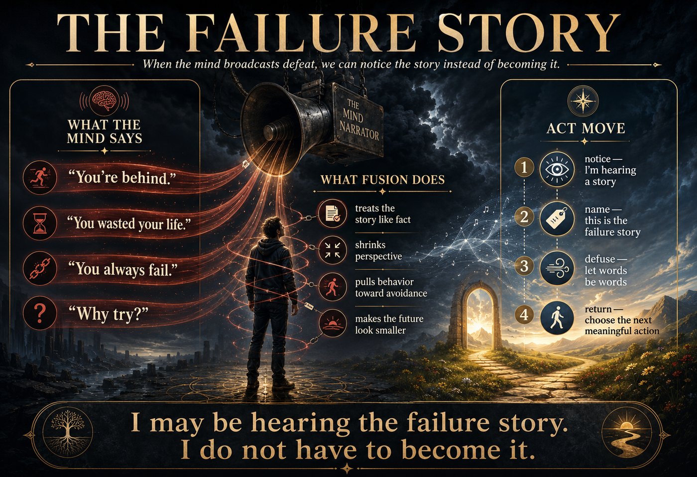 A poster titled 'The Failure Story' with a person facing a megaphone labeled 'The Mind Narrator'. Left side lists negative thoughts like 'You're behind'. Right side shows ACT moves: notice, name, defuse, return. Bottom text reads 'I may be hearing the failure story. I do not have to become it.'