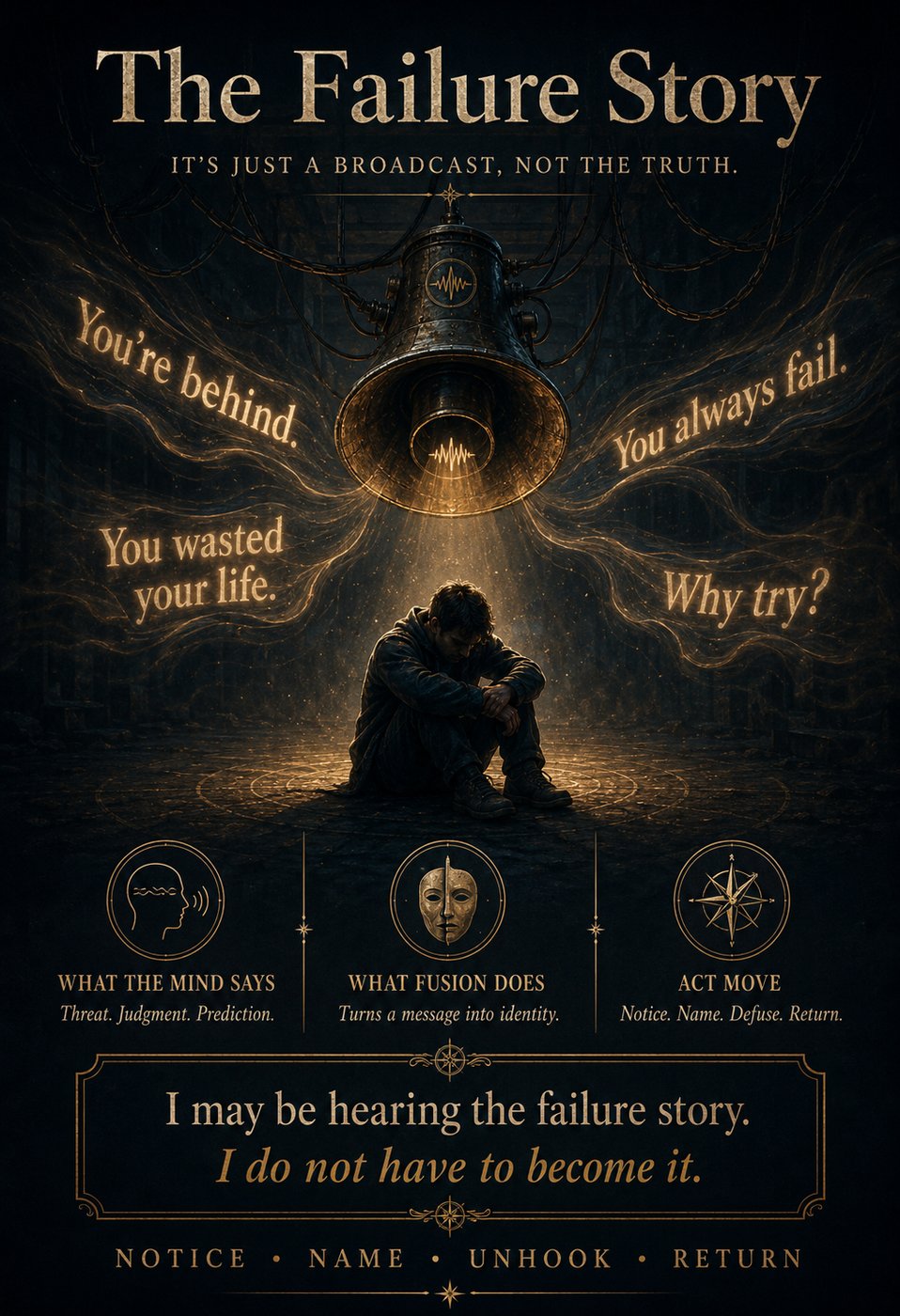 A person sits under a large bell with phrases like 'You're behind' and 'You always fail'. Text explains how fusion turns messages into identity and suggests ACT moves: Notice, Name, Unhook, Return.