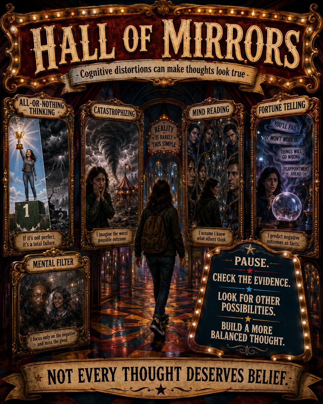 A poster titled 'Hall of Mirrors' depicting cognitive distortions like all-or-nothing thinking, catastrophizing, mind reading, fortune telling, and mental filter. A person walks through a hall with distorted mirrors, each labeled with a distortion. Text advises to pause, check evidence, look for other possibilities, and build balanced thoughts.