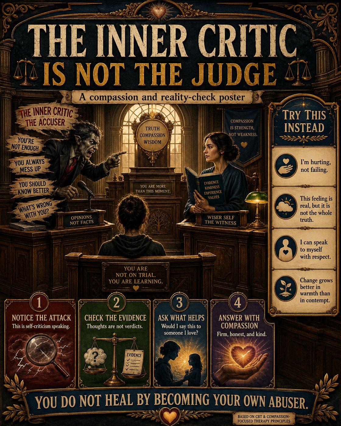 A courtroom scene with an inner critic depicted as an accuser and a wiser self as the witness, offering compassionate alternatives.