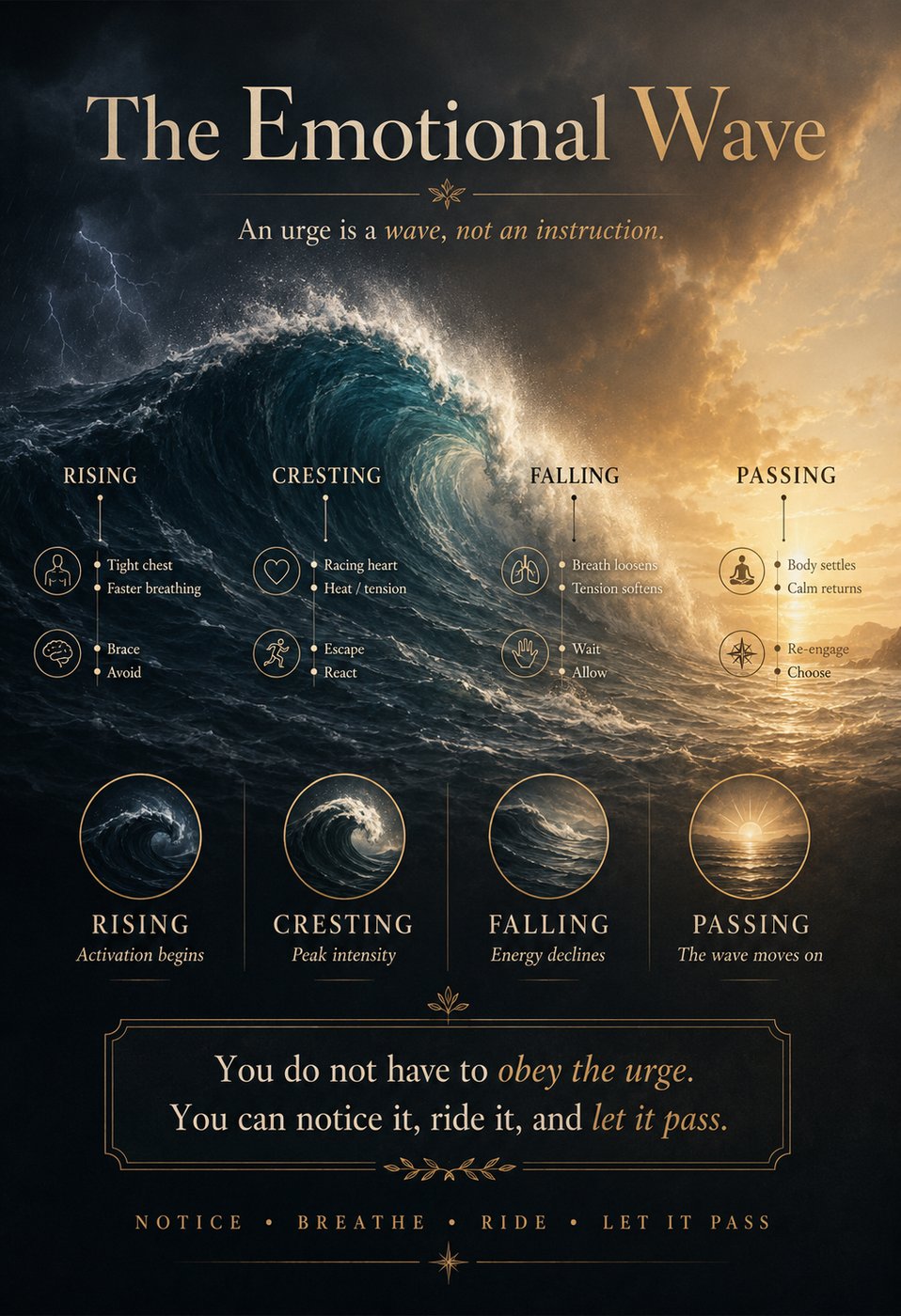 Poster titled 'The Emotional Wave' with a large wave image. It describes emotions as waves with stages: Rising, Cresting, Falling, Passing. Each stage has associated feelings and actions. Text encourages noticing and letting urges pass.