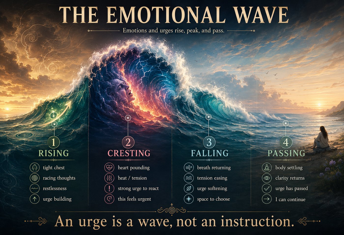 A poster titled 'The Emotional Wave' showing a wave with four stages: Rising, Cresting, Falling, Passing. Each stage lists sensations and urges. Text at the bottom reads 'An urge is a wave, not an instruction.'