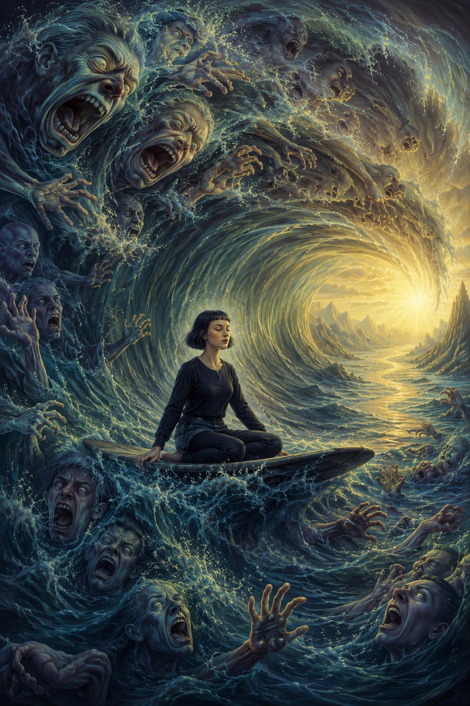 A person meditates calmly on a surfboard surrounded by turbulent waves with faces and hands reaching out, with a bright horizon ahead.