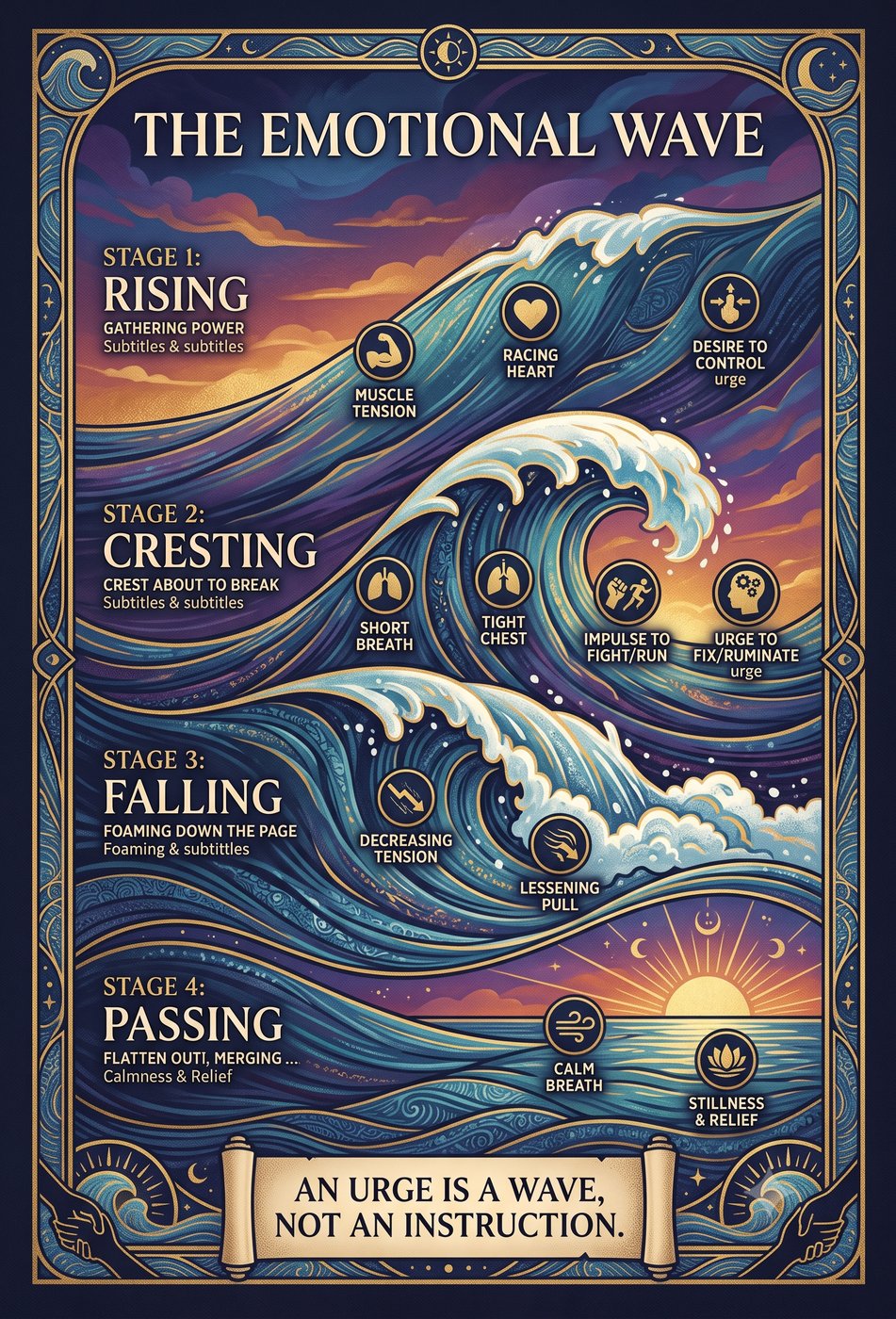 Illustration of an ocean wave with four stages: Rising, Cresting, Falling, Passing. Each stage has associated feelings and actions like muscle tension, racing heart, and calm breath. Text reads: 'An urge is a wave, not an instruction.'