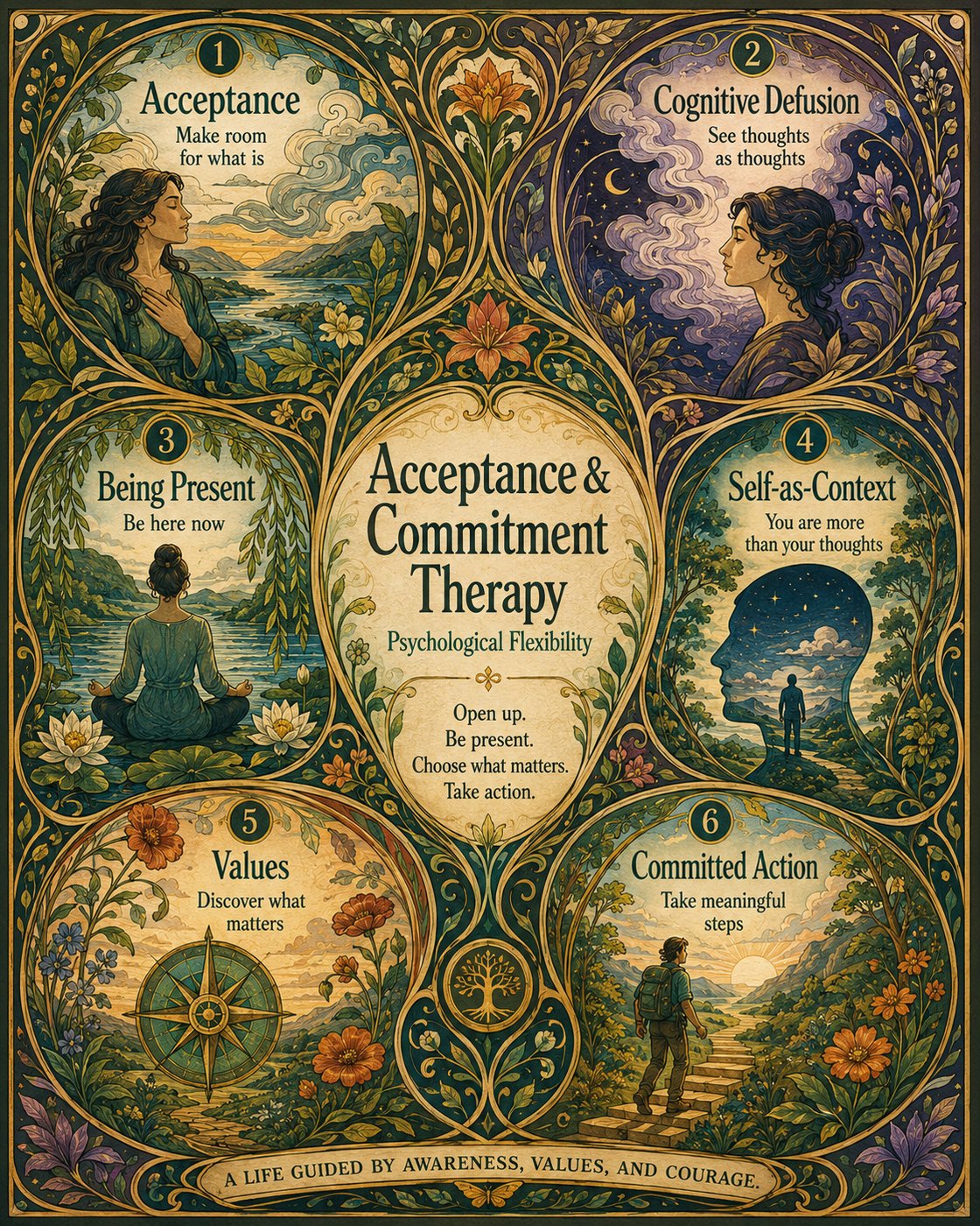 Illustrated poster showing the six core processes of ACT: Acceptance, Cognitive Defusion, Being Present, Self-as-Context, Values, and Committed Action, with nature-themed artwork.