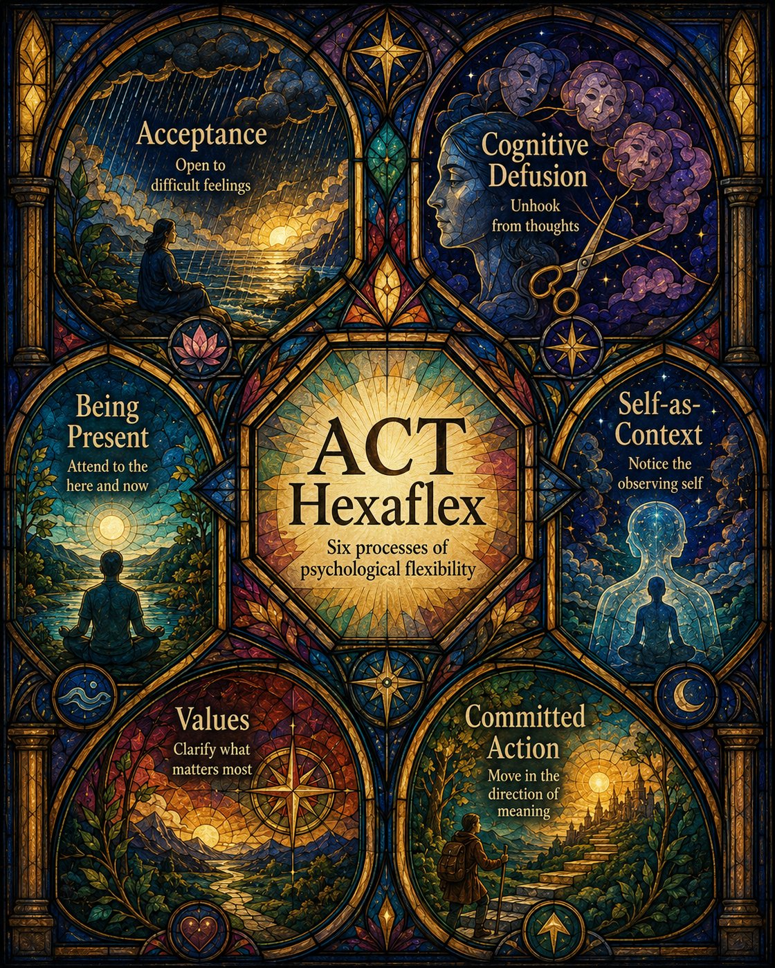Stained glass style poster depicting the ACT Hexaflex with six processes: Acceptance, Cognitive Defusion, Self-as-Context, Being Present, Values, and Committed Action. Each process has a visual representation and a brief description.
