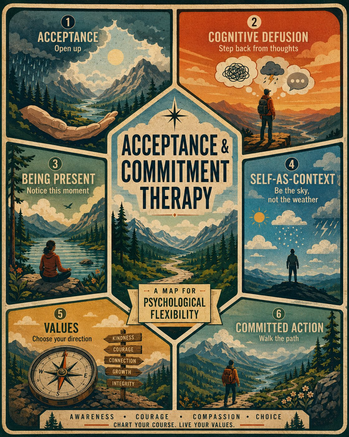 Poster illustrating the six core processes of ACT: Acceptance, Cognitive Defusion, Being Present, Self-as-Context, Values, and Committed Action, with scenic nature imagery.