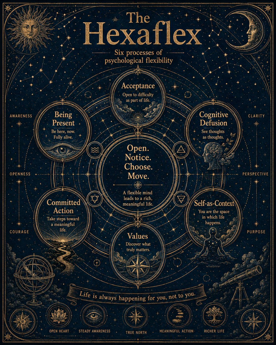 Poster titled 'The Hexaflex' showing six processes of psychological flexibility: Acceptance, Cognitive Defusion, Self-as-Context, Values, Committed Action, and Being Present. Each process is illustrated with celestial imagery.