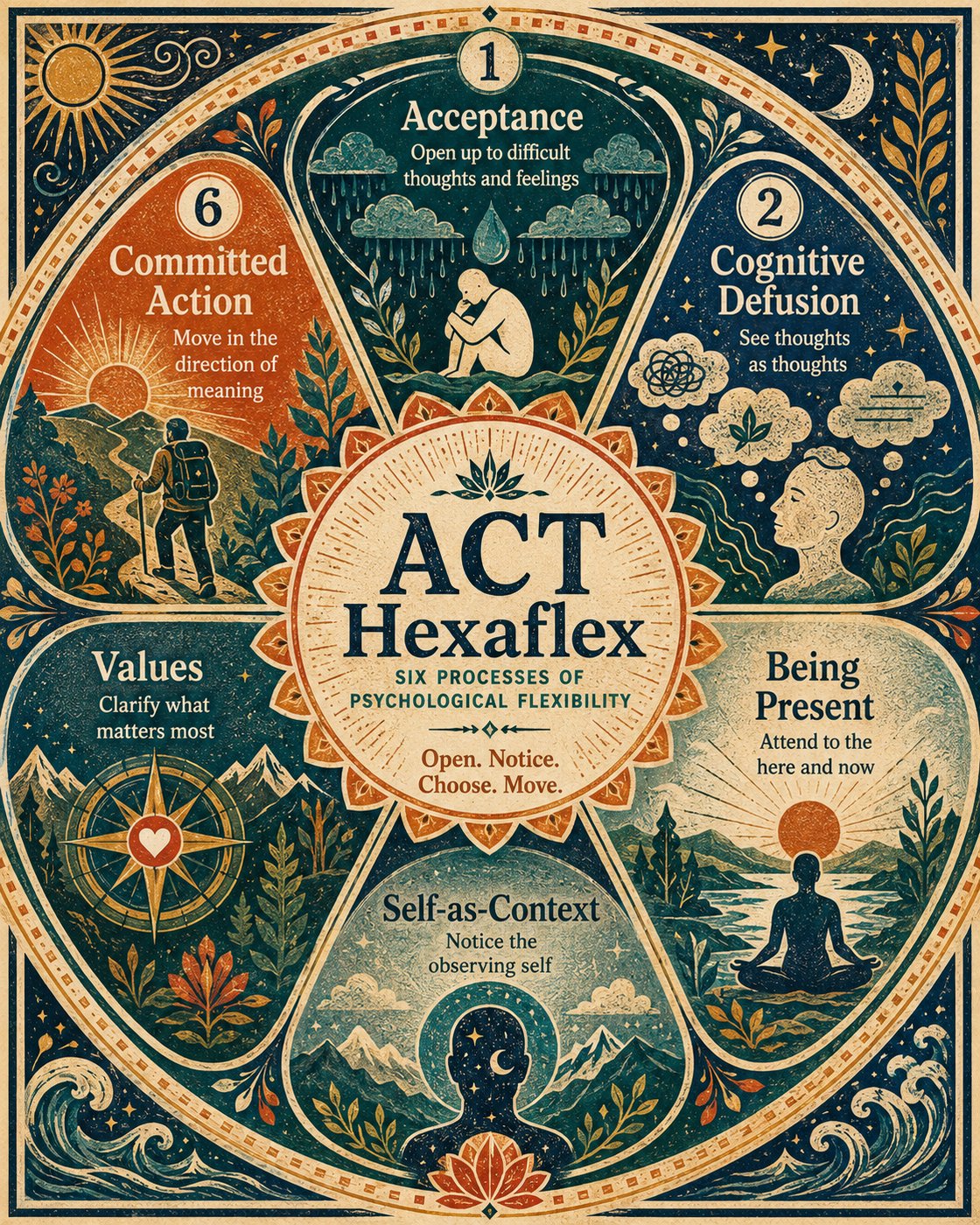 Illustration of the ACT Hexaflex with six sections: Acceptance, Cognitive Defusion, Being Present, Self-as-Context, Values, and Committed Action, each with symbolic imagery.