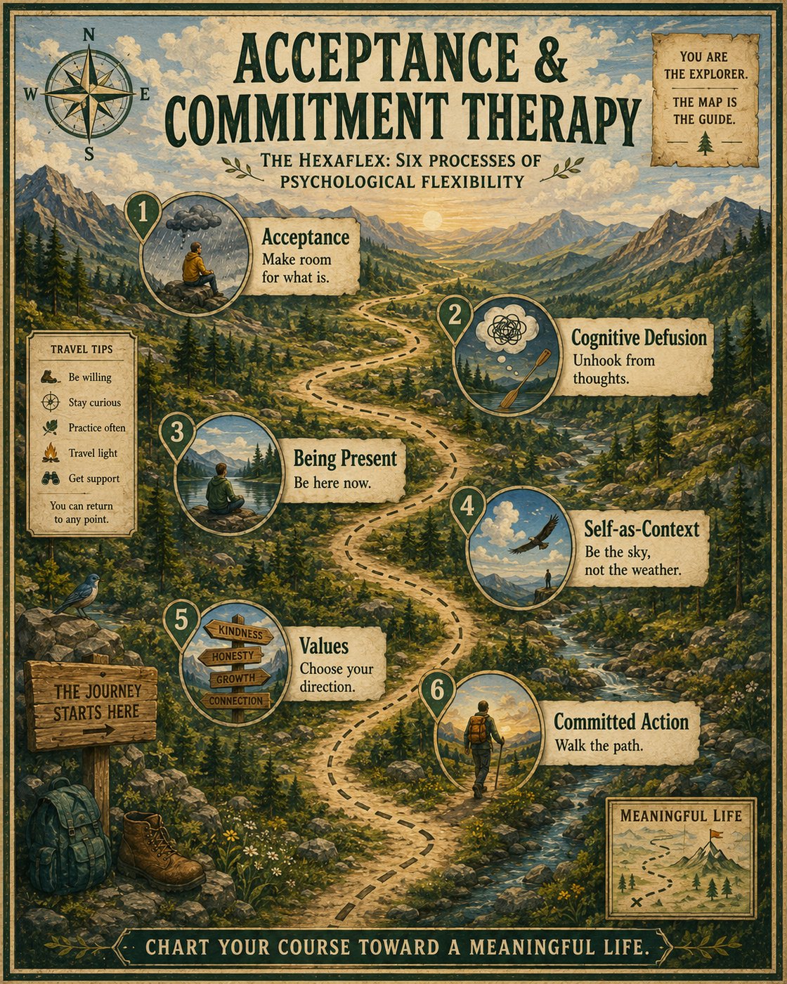 A vintage-style map illustrating the six ACT processes: Acceptance, Cognitive Defusion, Being Present, Self-as-Context, Values, and Committed Action. Includes travel tips and a path leading to a meaningful life.