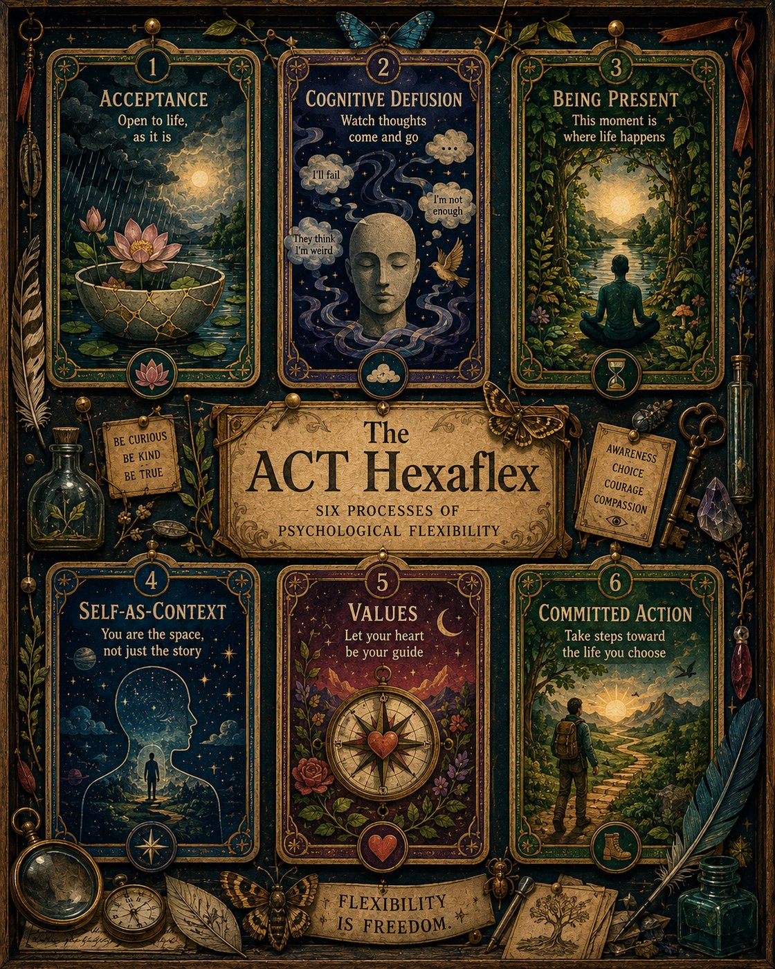Illustrated poster titled 'The ACT Hexaflex' showing six processes: Acceptance, Cognitive Defusion, Being Present, Self-as-Context, Values, and Committed Action. Each process has a unique visual representation and description.