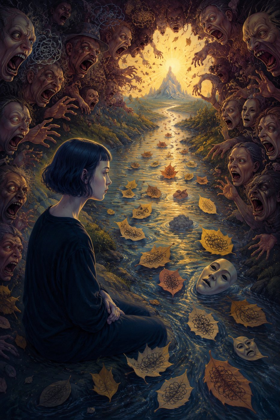 A person sits by a stream with leaves floating on it, surrounded by distorted faces. The scene is surreal and dreamlike.