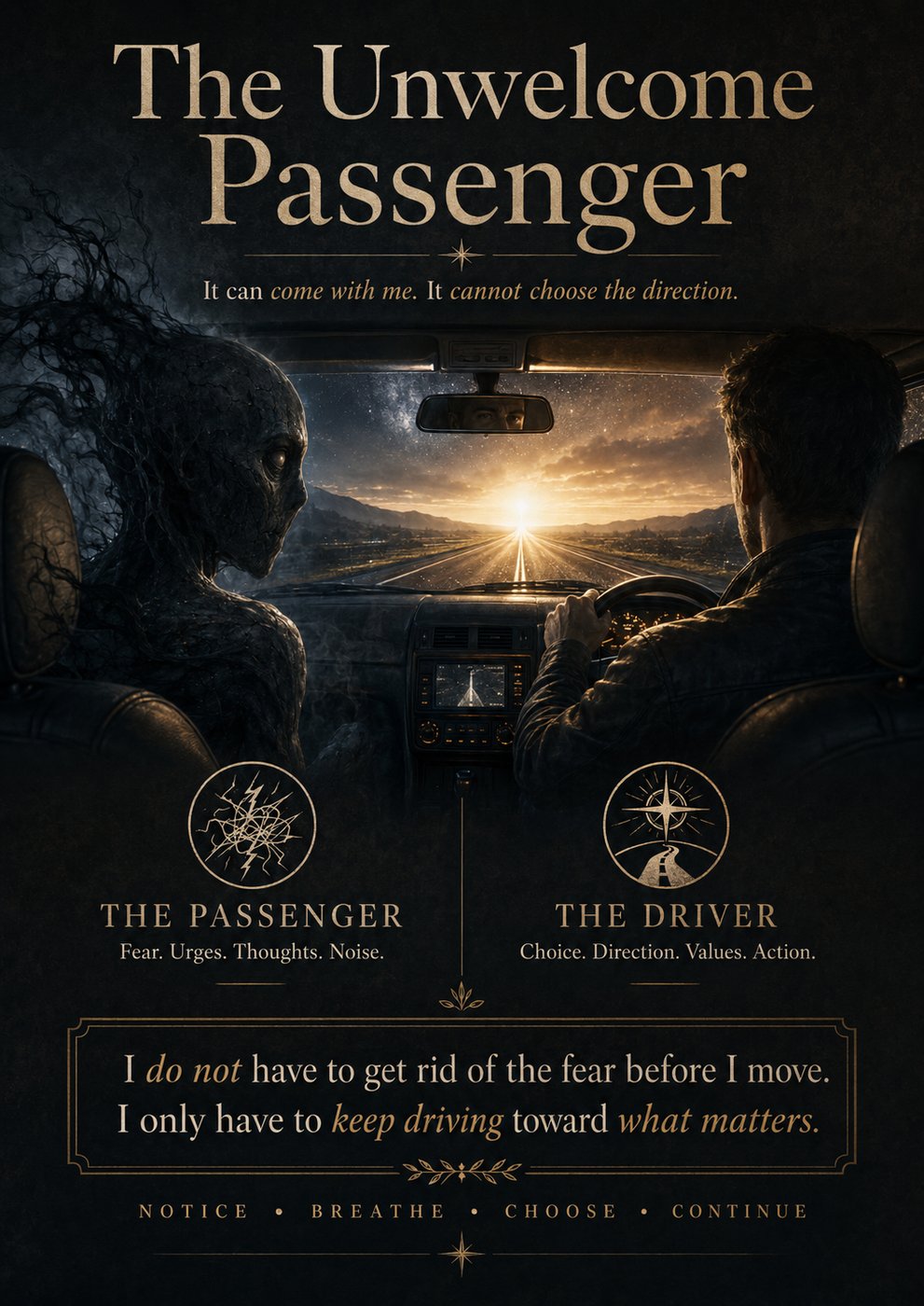 Poster titled 'The Unwelcome Passenger' showing a driver and a shadowy passenger. Text emphasizes choice and direction over fear.