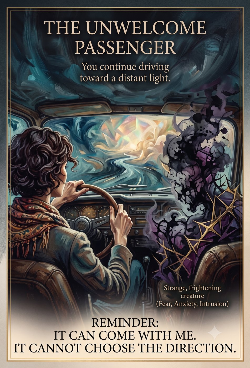 A person driving a car with a dark, shadowy creature in the passenger seat. Text reads: 'The Unwelcome Passenger. You continue driving toward a distant light. Strange, frightening creature (Fear, Anxiety, Intrusion). Reminder: It can come with me. It cannot choose the direction.'
