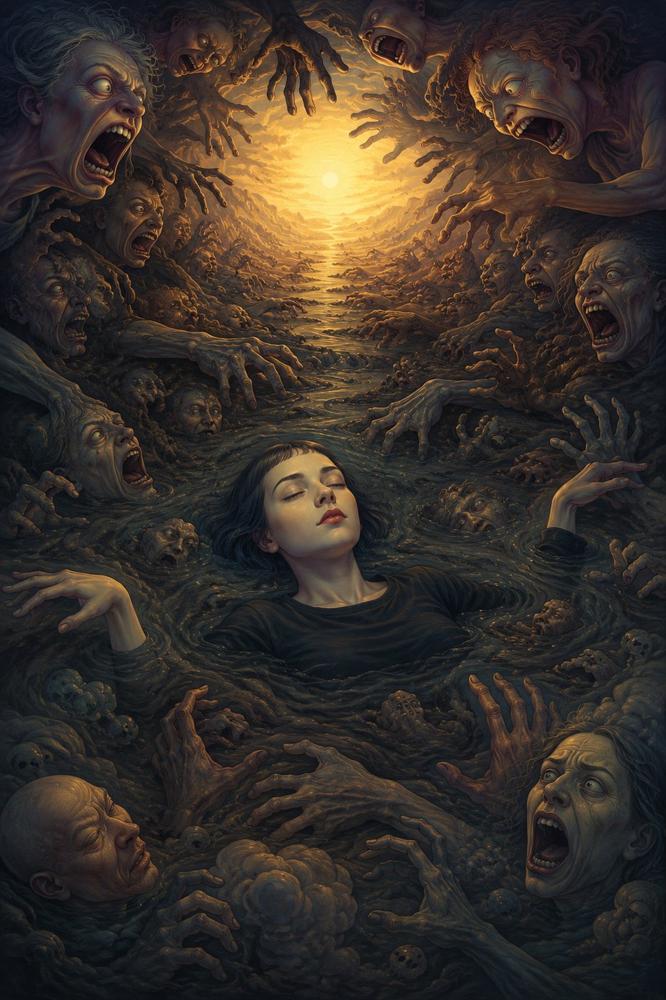 A serene woman floating amidst chaotic, screaming faces and hands reaching out, with a bright light in the distance.