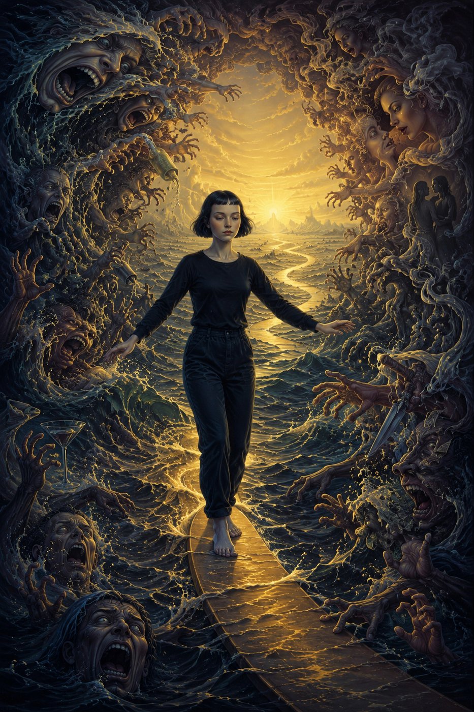A person walks calmly on a narrow path through chaotic waves and faces, with a serene light ahead.