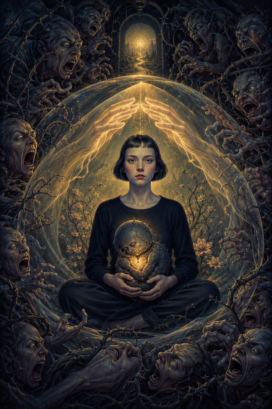 A person meditates, holding a glowing figure, surrounded by chaotic faces and hands, with a path leading to light.
