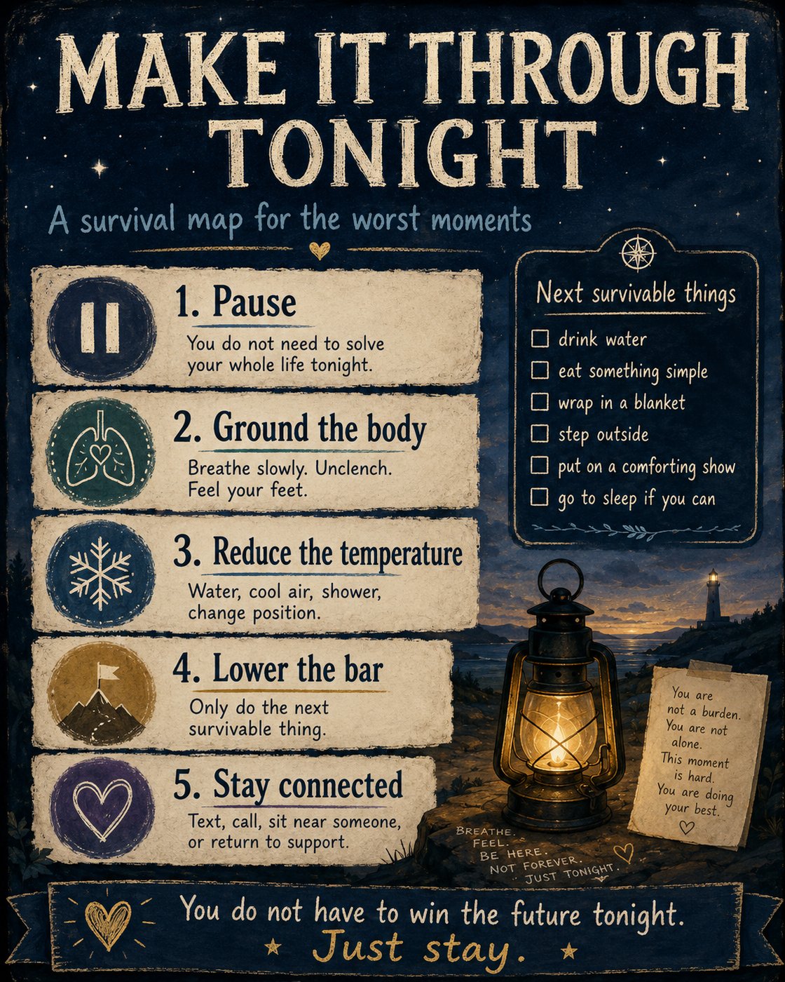 Poster titled 'Make It Through Tonight' with steps: 1. Pause, 2. Ground the body, 3. Reduce the temperature, 4. Lower the bar, 5. Stay connected. Includes comforting messages and a lantern illustration.