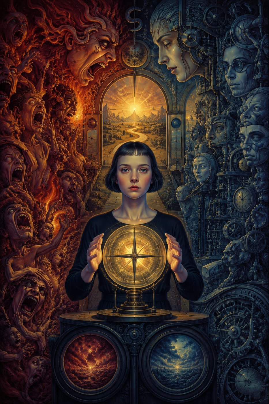 A woman stands between chaotic red figures on the left and mechanical blue figures on the right, holding a glowing compass.
