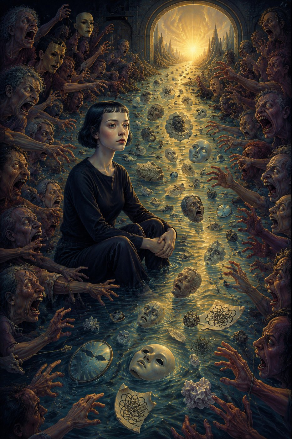 A woman sits calmly in a river surrounded by chaotic faces and hands reaching out, with a bright light in the distance.
