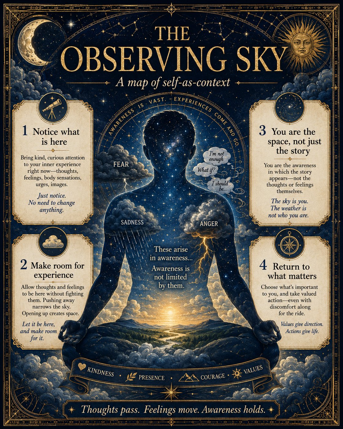 Poster titled 'The Observing Sky: A map of self-as-context' featuring a silhouette filled with stars and clouds. It includes four steps: 1. Notice what is here, 2. Make room for experience, 3. You are the space, not just the story, 4. Return to what matters. The background shows a celestial theme with the sun and moon.