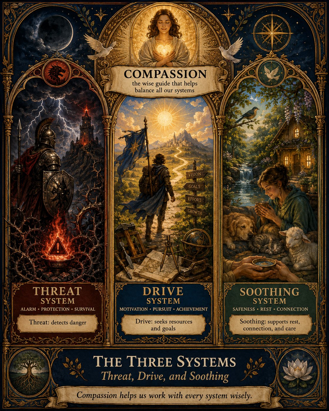 Illustration of three systems: threat, drive, and soothing, with a central figure representing compassion. The threat system shows a warrior and stormy landscape, the drive system shows a traveler on a path with goals, and the soothing system shows a peaceful scene with a person and animals.