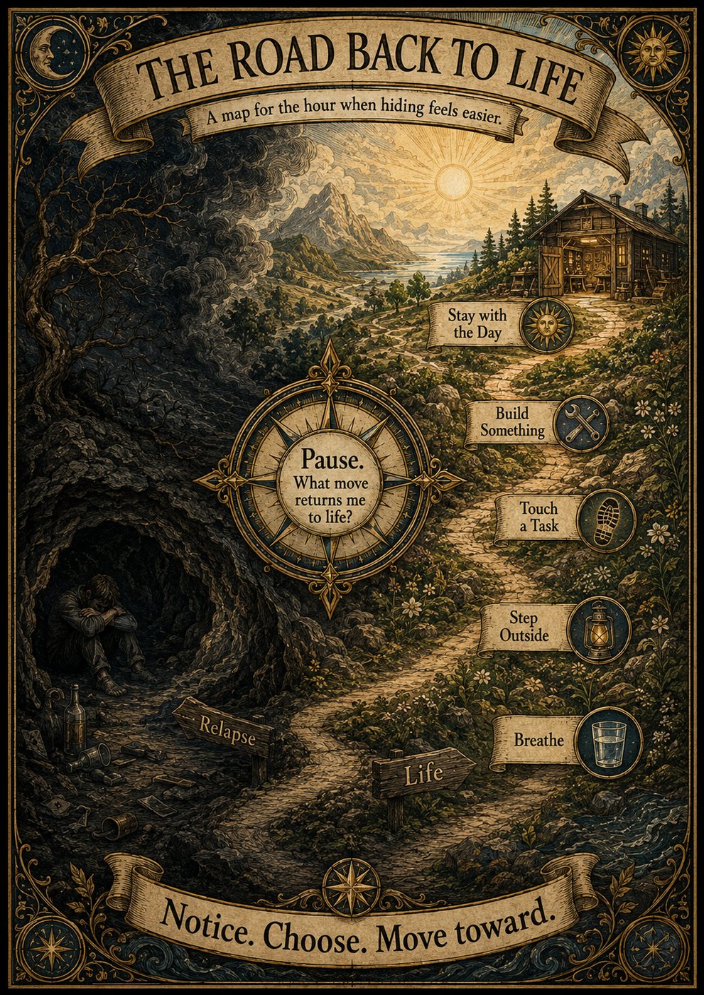 Illustrated journey map — The Road Back to Life — path from relapse cave toward sunlight