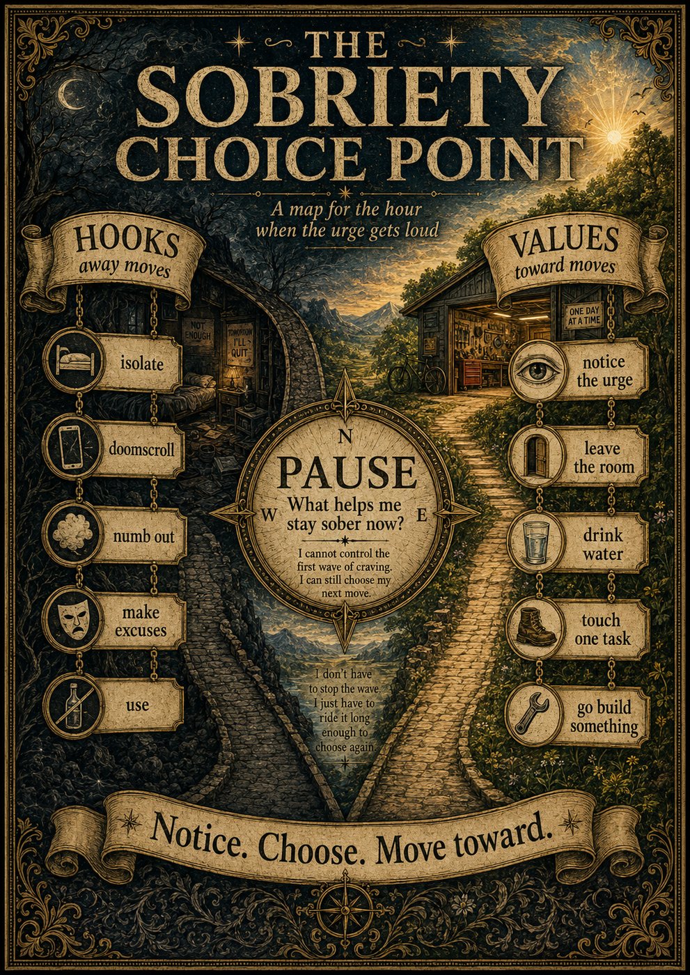 Vintage map poster — The Sobriety Choice Point — hooks away vs values toward, central pause compass