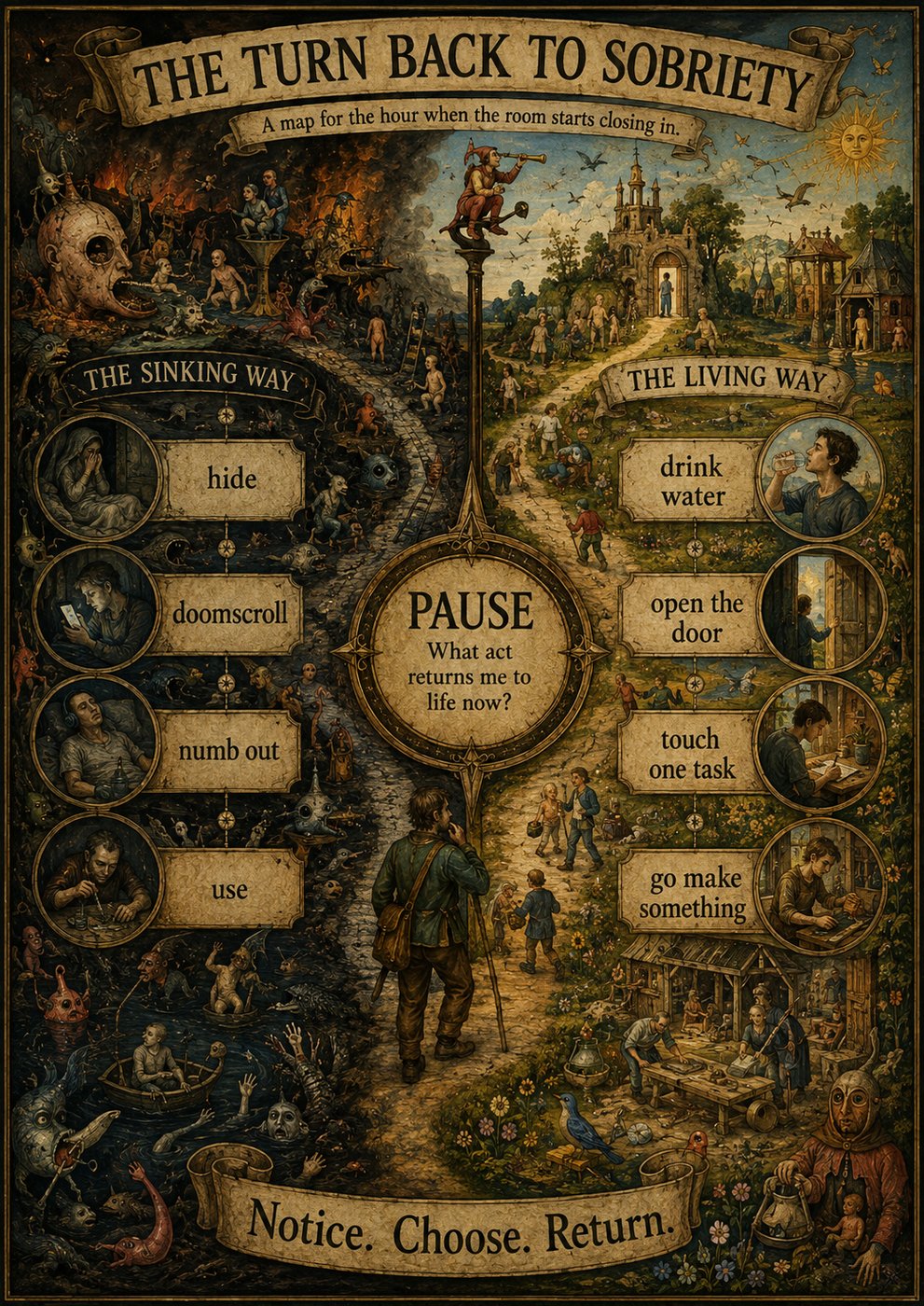 Allegorical fork poster — The Turn Back to Sobriety — sinking way vs living way around a pause