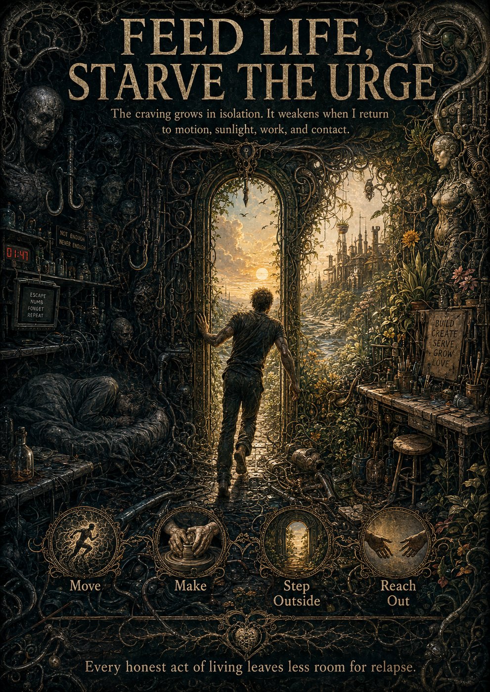 Split doorway poster — Feed Life, Starve the Urge — dark isolation into sunlit living