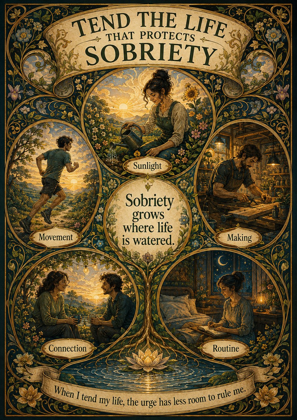 Garden vignette poster — Tend the Life That Protects Sobriety — sunlight, making, routine, connection, movement