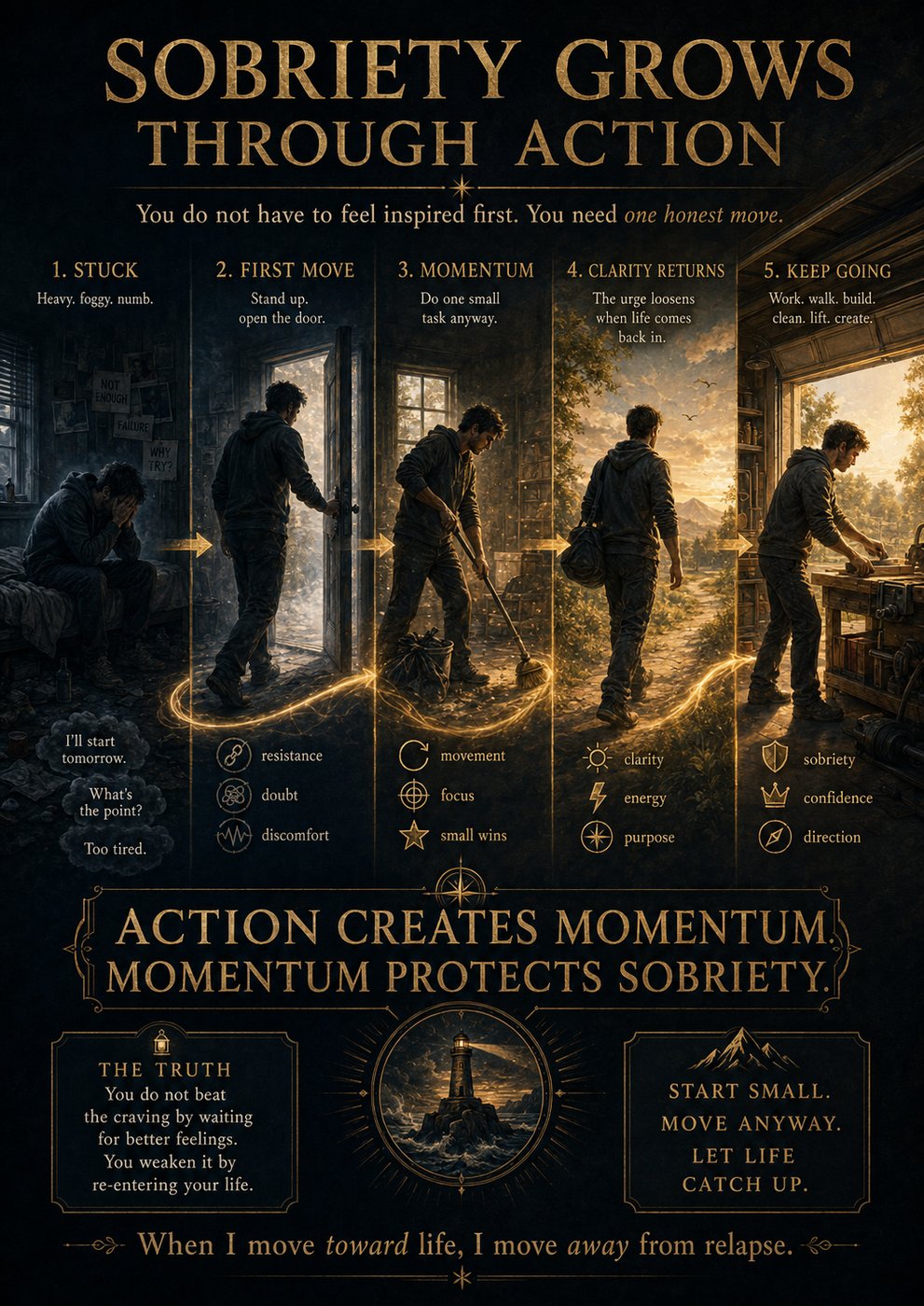 Five-stage path poster — Sobriety Grows Through Action — stuck to keep going along a gold path