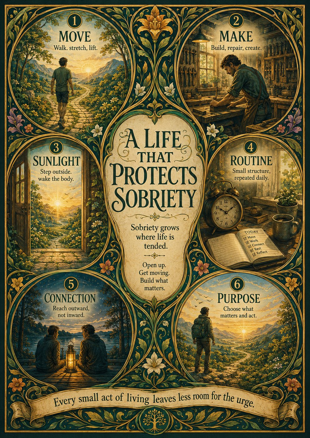 Six-pillar poster — A Life That Protects Sobriety — move, make, sunlight, routine, connection, purpose