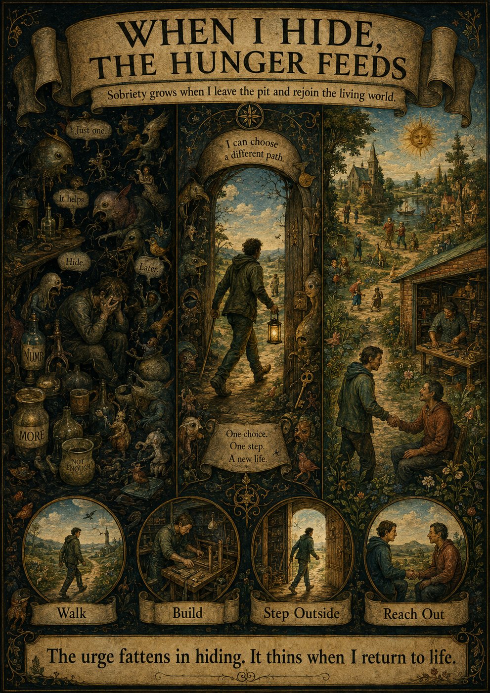 Three-panel poster — When I Hide, the Hunger Feeds — pit, doorway choice, return to the living world