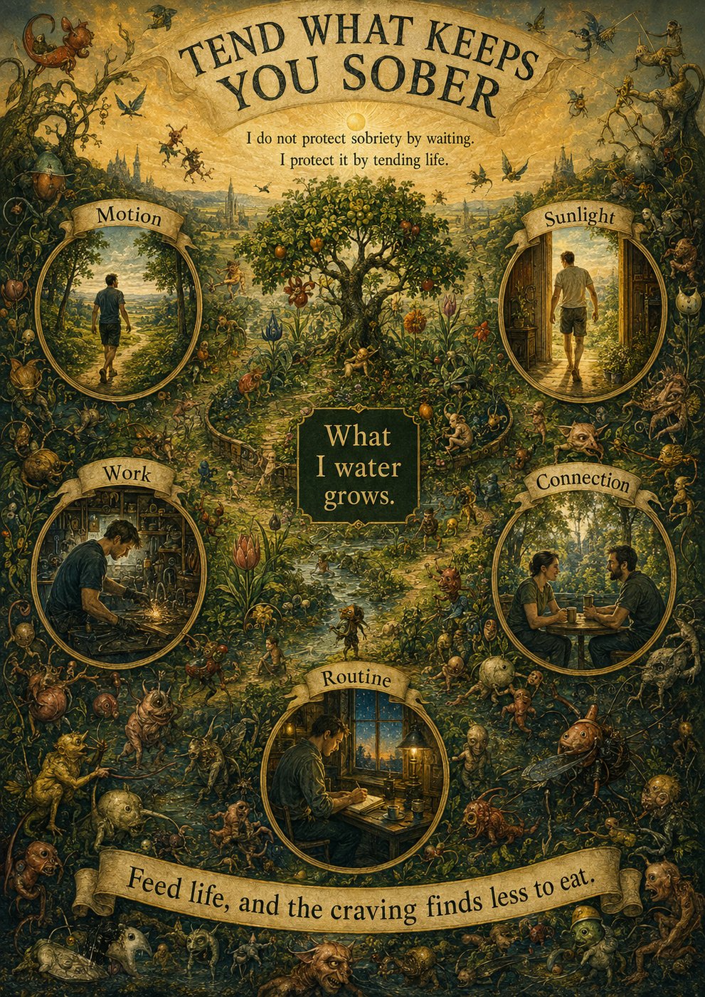Garden allegory — Tend What Keeps You Sober — motion, work, sunlight, connection, routine amid craving creatures