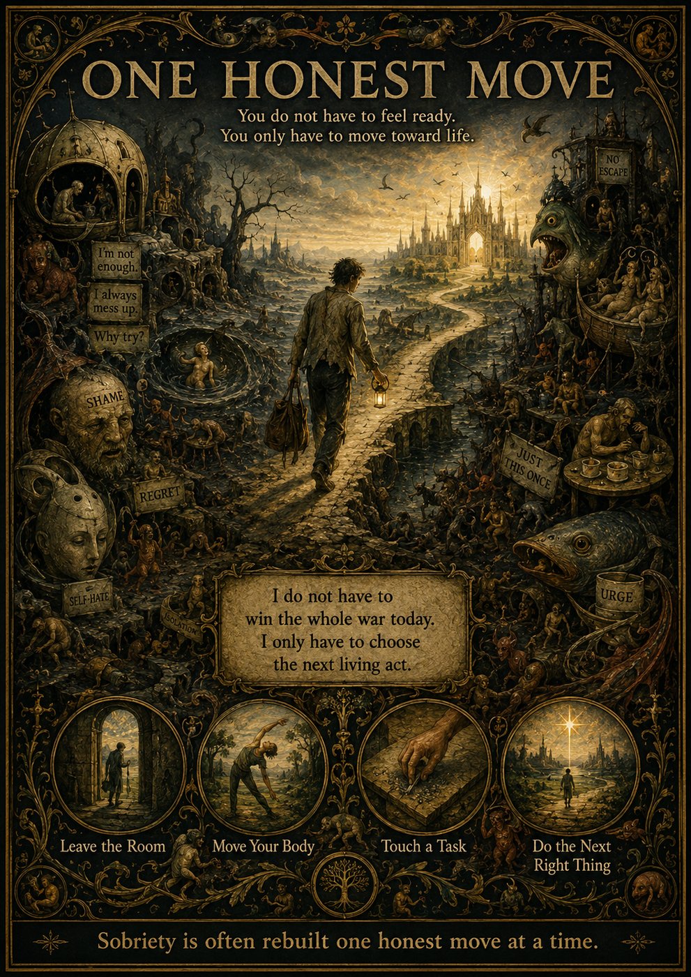 Traveler path poster — One Honest Move — lantern walk from urge and shame toward a lit city