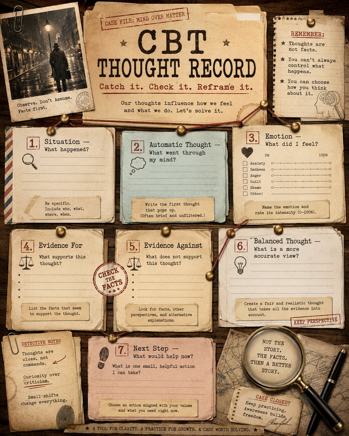 A vintage detective-themed CBT thought record poster with sections for situation, automatic thought, emotion, evidence for and against, balanced thought, and next steps.