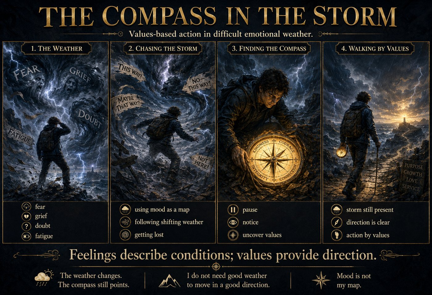 A four-panel illustration titled 'The Compass in the Storm' showing a person navigating through a storm. Panel 1: The Weather, with words like fear and grief. Panel 2: Chasing the Storm, with signs pointing in different directions. Panel 3: Finding the Compass, showing a compass with values like kindness and courage. Panel 4: Walking by Values, with the person walking towards a lighthouse. Text reads: 'Feelings describe conditions; values provide direction.'